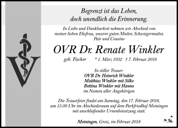 Traueranzeige von Renate Winkler von Südthüringer Presse