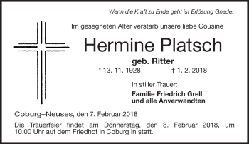 Traueranzeige von Hermine Platsch von Neue Presse Coburg