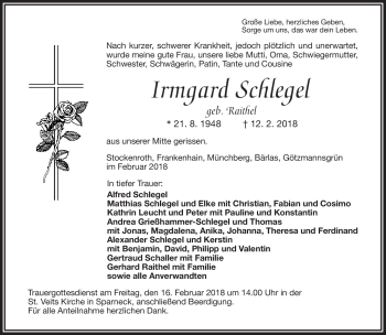 Traueranzeige von Irmgard Schlegel von Frankenpost