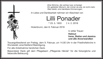 Traueranzeige von Lilli Ponader von Frankenpost