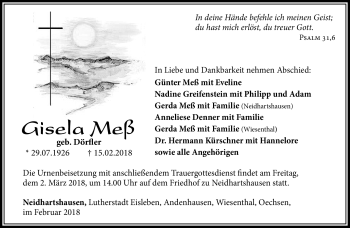 Traueranzeige von Gisela Meß von Südthüringer Presse