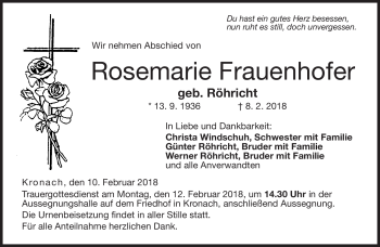 Traueranzeige von Rosemarie Frauenhofer von Neue Presse Coburg