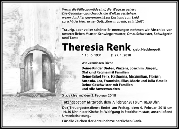 Traueranzeige von Theresia Renk von Neue Presse Coburg