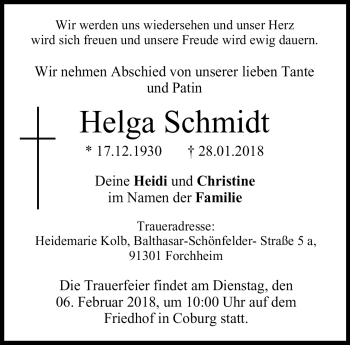 Traueranzeige von Helga Schmidt von Neue Presse Coburg