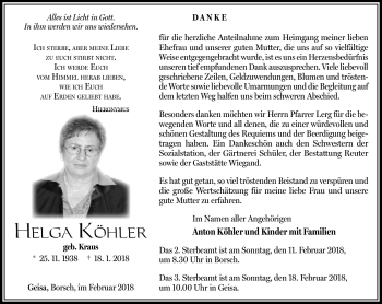 Traueranzeige von Helga Köhler von Südthüringer Presse