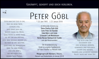 Traueranzeige von Peter Göbl von Südthüringer Presse