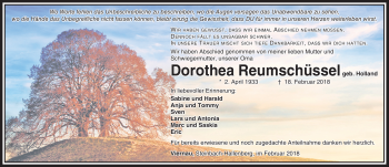 Traueranzeige von Dorothea Reumschüssel von Südthüringer Presse