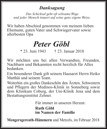 Traueranzeige von Peter Göbl von Südthüringer Presse