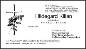 Traueranzeige von Hildegard Kilian von Frankenpost
