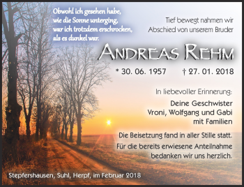 Traueranzeige von Andreas Rehm von Südthüringer Presse
