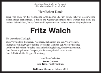 Traueranzeige von Fritz Walch von Südthüringer Presse