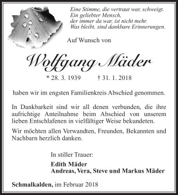 Traueranzeige von Wolfgang Mäder von Südthüringer Presse