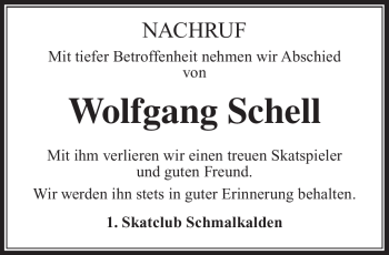 Traueranzeige von Wolfgang Schell von Südthüringer Presse