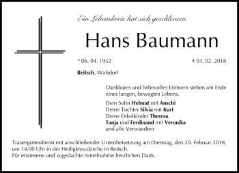 Traueranzeige von Hans Baumann von Neue Presse Coburg