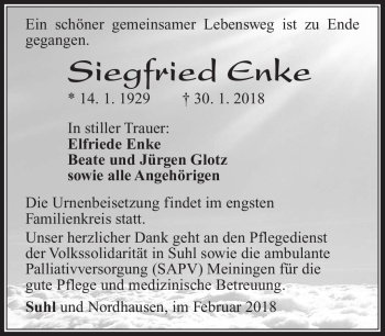 Traueranzeige von Siegfried Enke von Südthüringer Presse