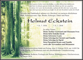 Traueranzeige von Helmut Eckstein von Südthüringer Presse