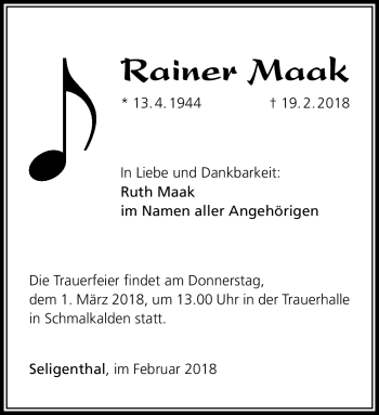 Traueranzeige von Rainer Maak von Südthüringer Presse