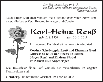 Traueranzeige von Karl-Heinz Reuß von Südthüringer Presse