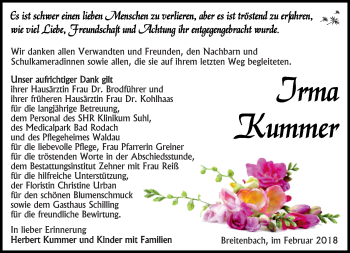 Traueranzeige von Irma Kummer von Südthüringer Presse