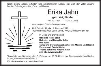 Traueranzeige von Erika Jahn von Frankenpost