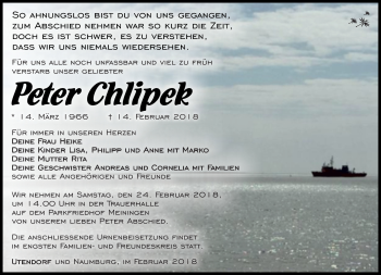 Traueranzeige von Peter Chlipek von Südthüringer Presse