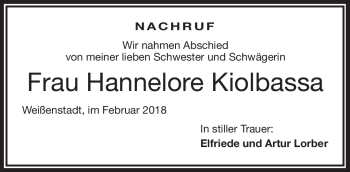 Traueranzeige von Hannelore Kiolbassa von Frankenpost