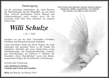Traueranzeige von Willi Schulze von Südthüringer Presse