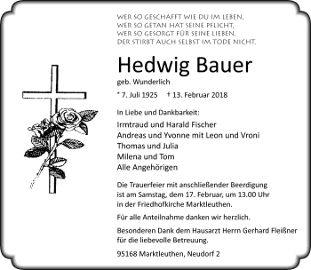 Traueranzeige von Hedwig Bauer von Frankenpost