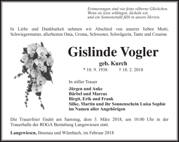 Traueranzeige von Gislinde Vogler von Südthüringer Presse