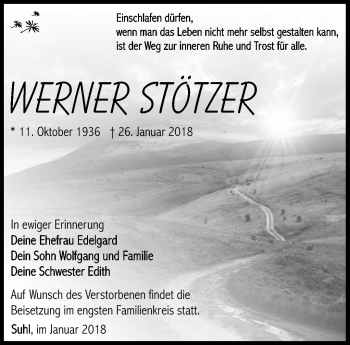 Traueranzeige von Werner Stötzer von Südthüringer Presse
