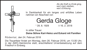 Traueranzeige von Gerda Gloge von Neue Presse Coburg