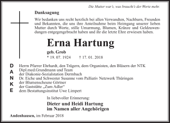 Traueranzeige von Erna Hartung von Südthüringer Presse