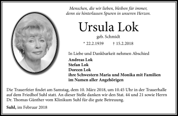 Traueranzeige von Ursula Lok von Südthüringer Presse