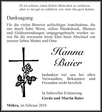 Traueranzeige von Hanna Baier von Südthüringer Presse