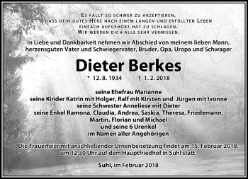 Traueranzeige von Dieter Berkes von Südthüringer Presse