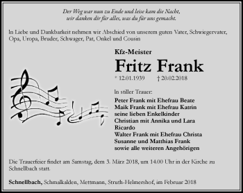 Traueranzeige von Fritz Frank von Südthüringer Presse