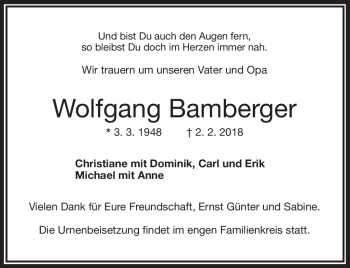 Traueranzeige von Wolfgang Bamberger von Frankenpost