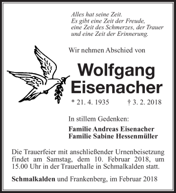 Traueranzeige von Wolfgang Eisenacher von Südthüringer Presse