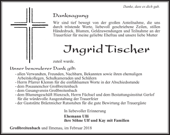 Traueranzeige von Ingrid Tischer von Südthüringer Presse