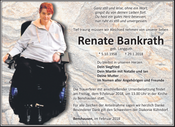Traueranzeige von Renate Bankrath von Südthüringer Presse
