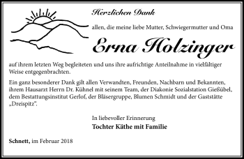 Traueranzeige von Erna Holzinger von Südthüringer Presse
