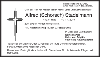 Traueranzeige von Alfred Stadelmann von Frankenpost