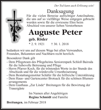 Traueranzeige von Auguste Peter von Südthüringer Presse