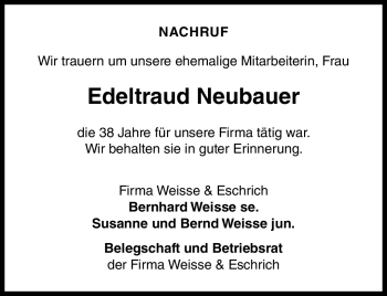 Traueranzeige von Edeltraud Neubauer von Neue Presse Coburg