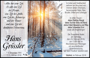 Traueranzeige von Hans Grössler von Südthüringer Presse