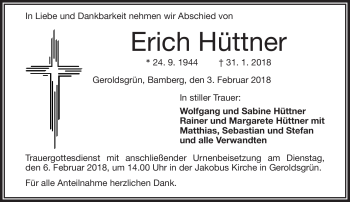 Traueranzeige von Erich Hüttner von Frankenpost