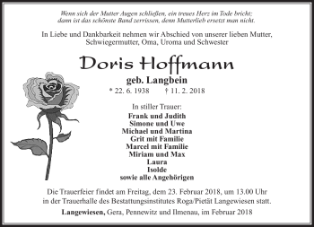 Traueranzeige von Doris Hoffmann von Südthüringer Presse