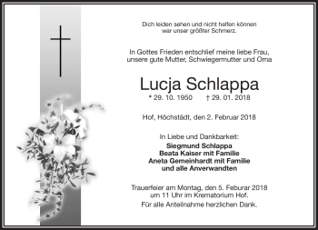 Traueranzeige von Lucja Schlappa von Frankenpost