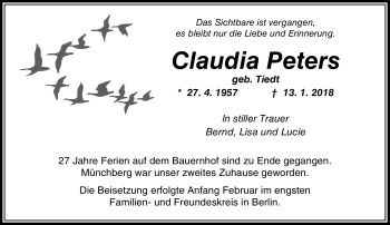 Traueranzeige von Claudia Peters von Frankenpost