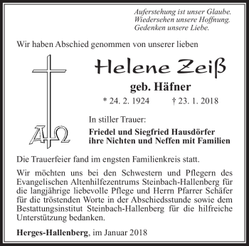 Traueranzeige von Helene Zeiß von Südthüringer Presse